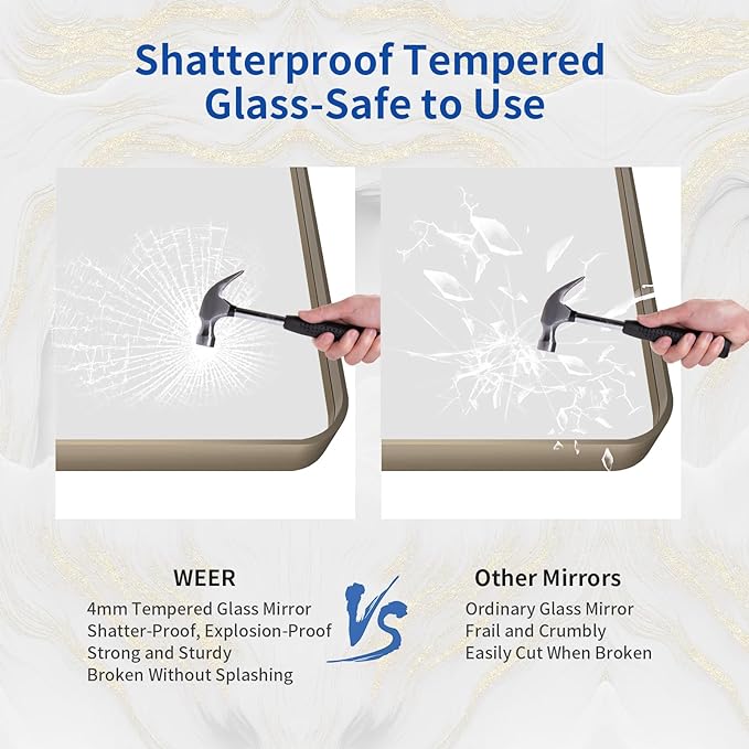 WEER 60x36 Inch Bronze Bathroom Mirror for Vanity, Brushed Bronze Metal Frame Mirror for Wall, Rounded Rectangle Bronze Frame Mirror with Tempered Glass, Anti-Rust (Horizontal/Vertical)