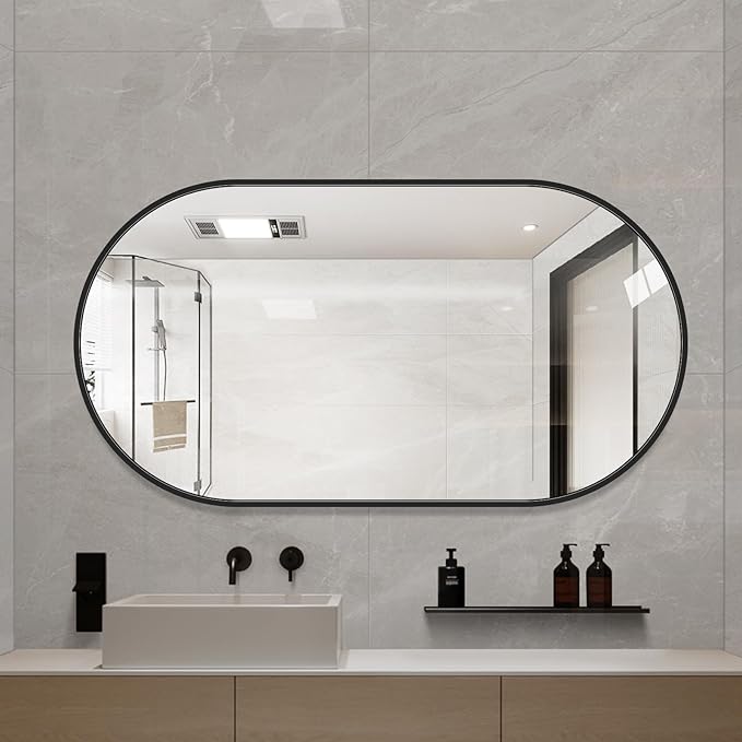 LAIYA 33x20inch Oval Wall Bathroom Mirror with Black Aluminum Frame,Wall Mounted Oval Vanity Mirrors， Explosion-Proof Glass, Waterproof Design, Easy Installation，Horizontally/Vertically