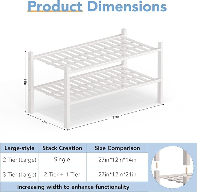 Haddockway Large 2 Tier Bamboo Shoe Rack Storage Organizer, Multifunctional Free Standing Stackable Shoe Shelf with Grid Panel for Closet,Hallway,Entryway,Small Space 27"x12"x14"(White, 2-Tier(Large))