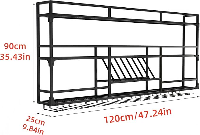 Metal Wall-Mounted Wine Rack with LED Light - 3 Tier Wine Storage Display Rack with Glass Holder - Space-Saving Bottle Display Shelf for Home Bars, Dining Rooms(Black, 47in/120cm)
