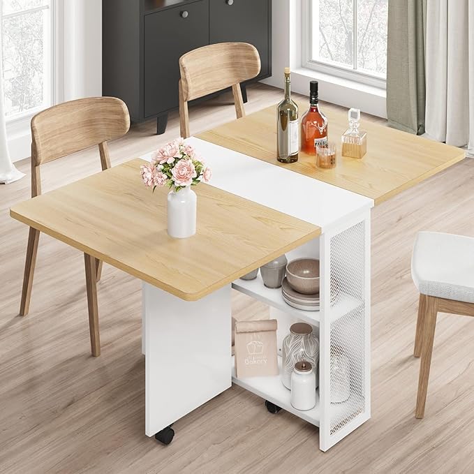 IDEALHOUSE Folding Dining Table, Drop Leaf Dining Table with 6 Wheels and 2-Layer Storage Shelf, Space Saving Dining Table for Small Spaces (Natural Wood, 50.1" D x 31.4" W x 29.5" H)