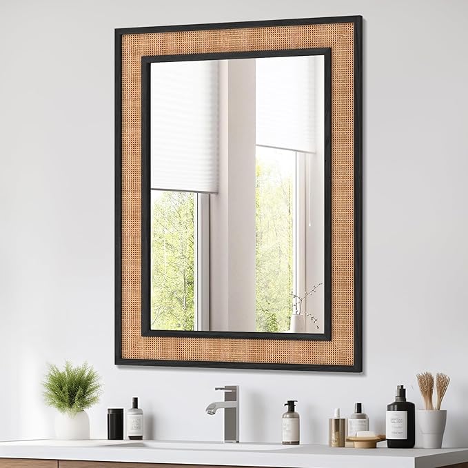 Rattan Wall Mirror with Wooden Framed 24 X 32 inch Farmhouse Rectangle Wood Mirror for Modern Decorative Bathroom, Living Room, Entryway, Bedroom (Black)