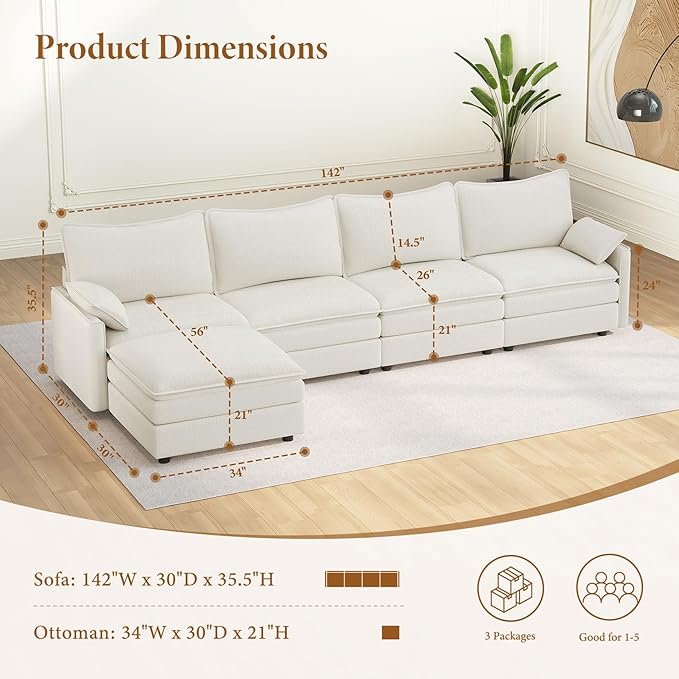 Vesgantti 142" Cloud Couch Sectional Modular Sofa, Comfy Sectional Couch with Ottoman Deep Seat Chenille L Shaped Sofa, Modular Couches for Living Room, Bedroom and Apartment, Snow White
