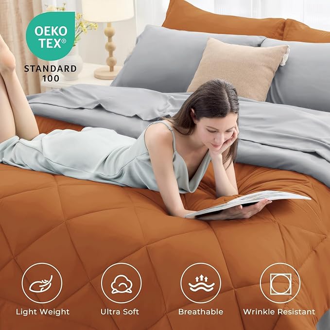 HEVUMYI Cali-King Comforter Set - 7-Piece All Season Bed in a Bag Cali-King, Ultra Soft Bedding Set with Comforter, Flat Sheet, Fitted Sheet, Pillowcases, Pillow Shams, Orange & Light Grey