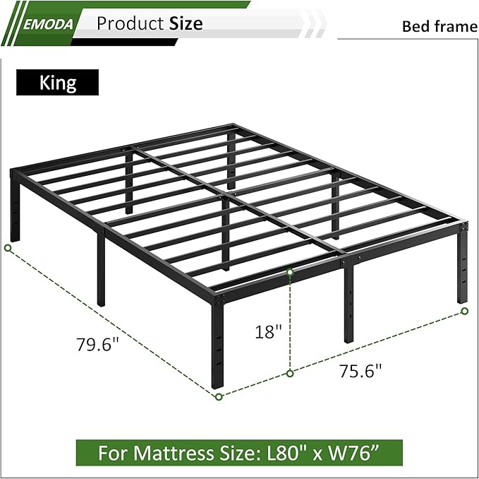EMODA 18 Inch King Bed Frame No Box Spring Needed, Heavy Duty Tall Metal Platform with Large Storage Space, Noise Free, Easy Assembly, Black