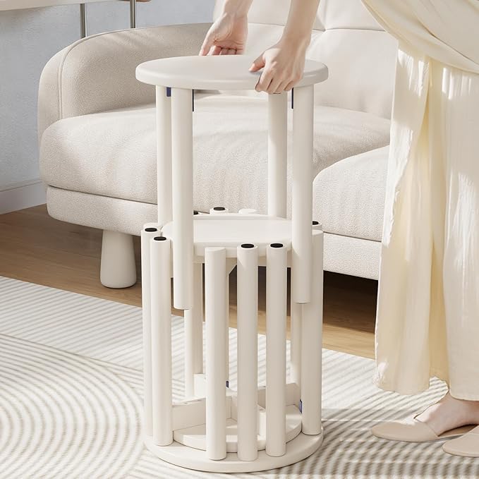 Stackable Stools Set of 4, Wood Stool 18 Inch Stool Stackable Side Tables Nesting Table Sturdy and Durable, No Installation Required for End Table,Top Stackable Round Stools(White Barstool)