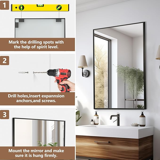 Black Bathroom Mirror, 20"x28" Rectangle Mirror, Matte Black Mirror, Metal Frame Square Corner Vanity Mirror, Wall Mounted Mirror for Modern, Living Room, Bedroom, Horizontal Or Vertical