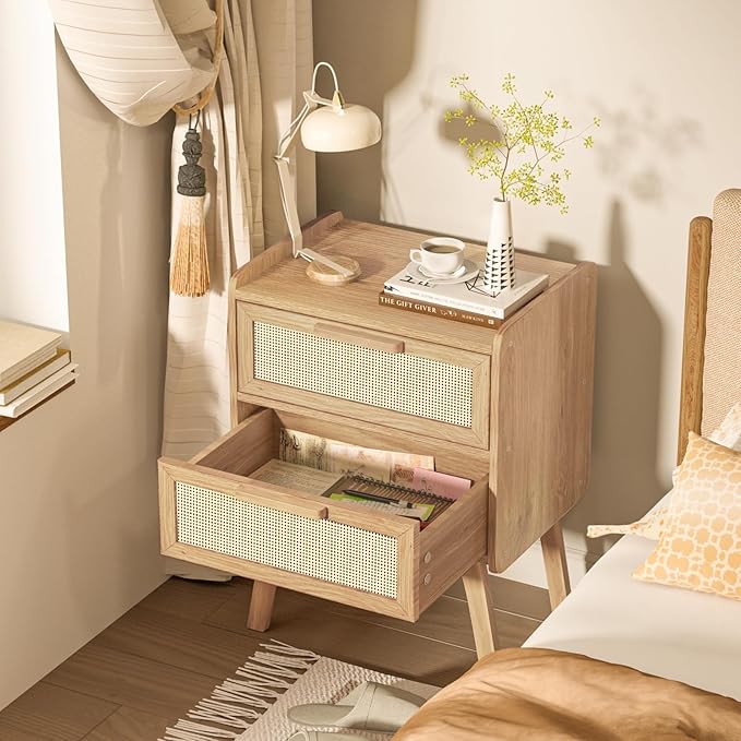 Lerliuo Rattan Nightstand, Boho Night Stand with 2 Drawers, Cane Accent Side End Table, Bedside Table with Solid Wood Legs for Bedroom, Dorm and Small Spaces (Natural)