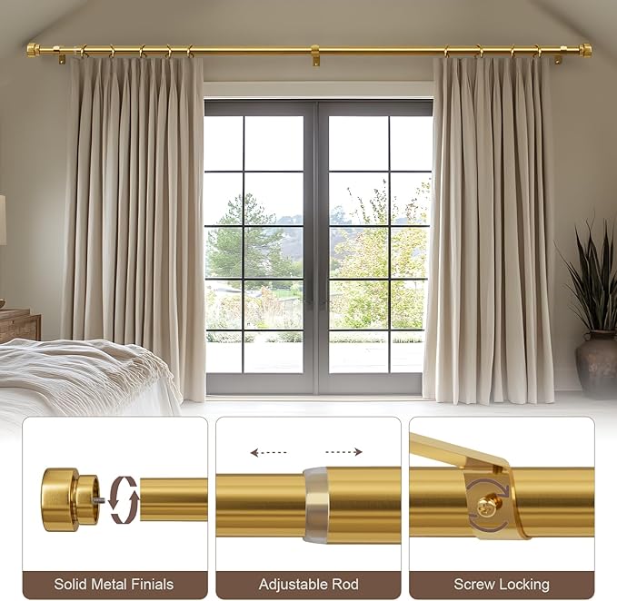 2 Pack Modern Gold Curtain Rods for Windows 48 to 84 Inches Adjustable Length Heavy Duty 1" Diameter Brass Window Curtain Rod with Solid Metal Finials for Outdoor Farmhouse Bedroom Kitchen Living Room