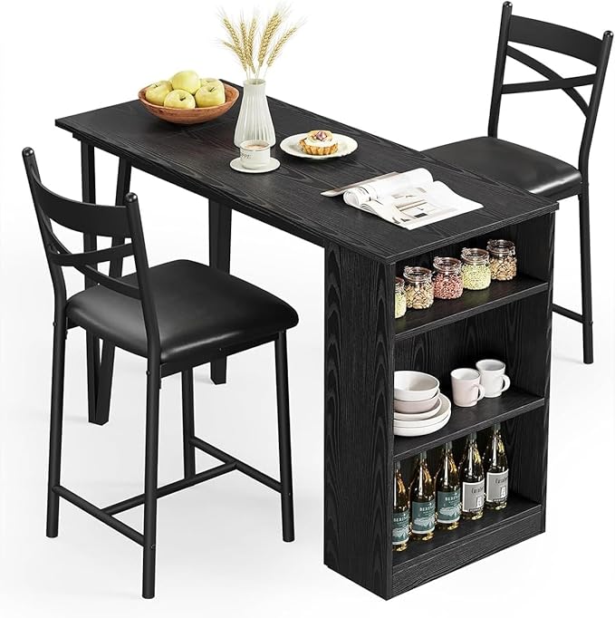 GAOMON 3 Piece Bar Table Set for 2, Bar Table and Chairs Set with with Flip Top Extension, Dining Table Set with Storage Shelves, Suitable for Small Space Kitchen Apartment, Black