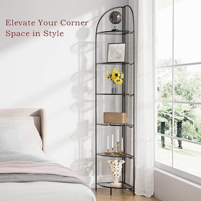 Crofy Foldable 6 Tier Corner Shelf, Metal Corner Plant Stand with Black Frame and Transparent Shelves, Corner Display Rack Multipurpose Shelving Unit for Living Room, Bedroom, Bathroom