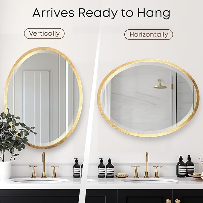 OVALCREST - Oval Wooden Beveled Wall Mirror for Home Decor, Bathroom, Vanity, Bedroom, Living Room, Hallway - London Style (Gold Leaf) 19.1 x 25.1