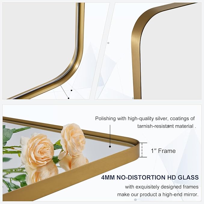 MOON MIRROR Gold Brass Pivot Rounded Rectangle Bathroom Mirror, Brushed Gold Tilt Mirror, Overall 32.33 x 36 in (Mirror 28x 36 in)