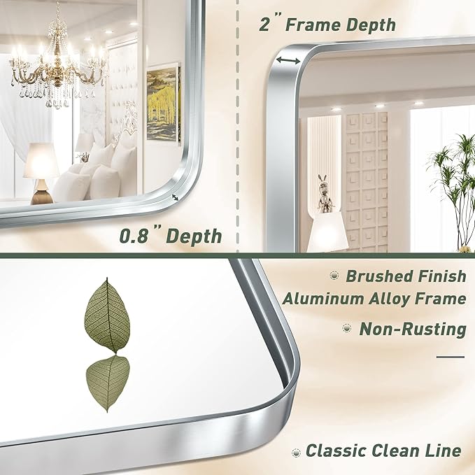 TokeShimi 55 x 36 Inch Brushed Silver Mirror Wall Mirror for Bathroom Black Metal Frame Decorative Rectangular Wall Mounted Home Decor Corner Hangs (Horizontal/Vertical)