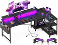 ODK 66 Inch Gaming Desk with USB Charging Ports and LED Lights, Reversible L Shaped Computer Desk with Storage Shelves & Monitor Stand, Corner Gamer Desk Table with Power Outlets, Carbon Fiber Black