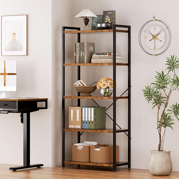 Casaottima Book Shelf, 5 Tier Bookshelf, Modern Wood Bookcase Shelves for Bedroom, Industrial Display Shelf for Living Room Home Office Kitchen, Standing Shelving Unit Storage Organizer, Vintage