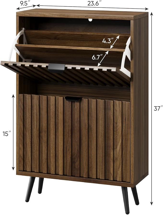 Smuxee Shoe Cabinet with 2 Flip Drawers, 23.6" Walnut Hidden Shoe Storage Cabinet with Fluted Design, Freestanding Shoe Organizer Cabinet for Entryway, Hallway, Closet, Living Room