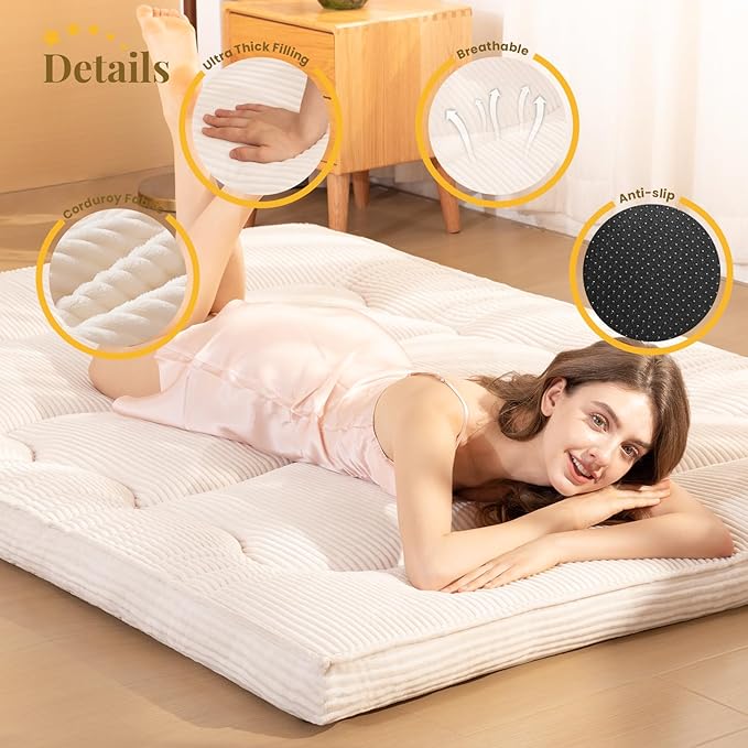Japanese Floor Mattress, 4" Thicken Futon Mattress Queen Size Sleeping Pad, Corduroy Foldable Floor Pad, Roll Up Tatami Mat for Adults Guest Room Bedroom, Beige