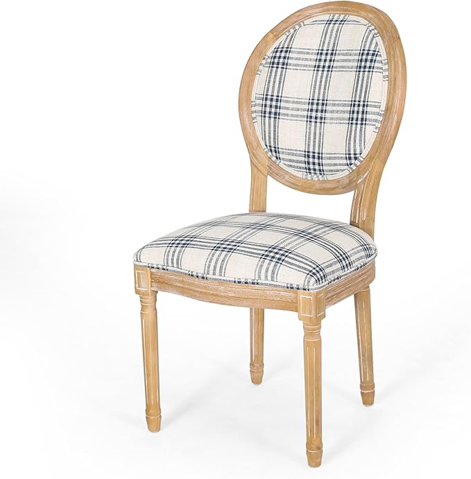 Christopher Knight Home Phinnaeus Dining Chair Set, Set of 4, Wood, Dark Blue Plaid + Light Beige + Natural