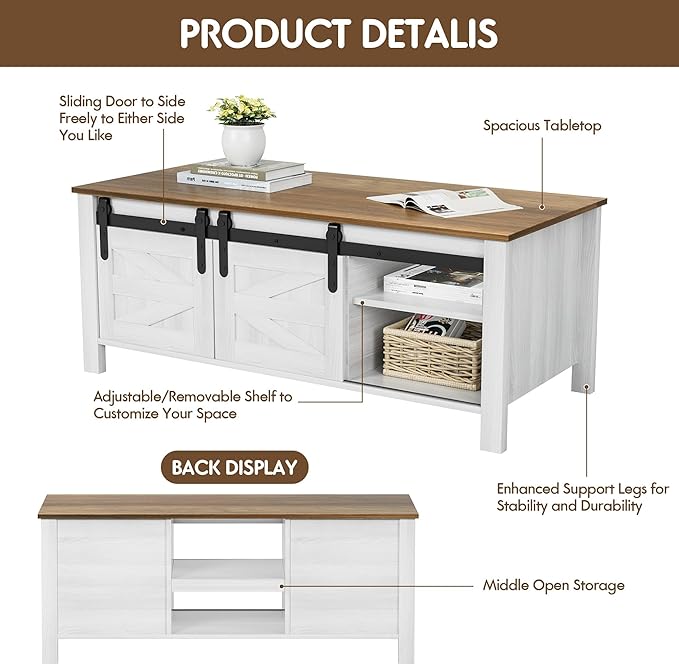 YESHOMY TV Stand Set with a Farmhouse Style Coffee Table,for Living Room,with Big Capacity, White
