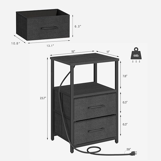 TUTOTAK End Table with Charging Station, Side Table with 2 USB Ports and Outlets, Nightstand with Cloth Drawer, Set of 2, Couch Table, Black TB01BK052