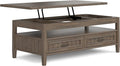 SIMPLIHOME Lev Lift Top Coffee Table - 48 inch Wide Solid Wood Rectangle Living Room Table in Smoky Brown, Transitional Cocktail Table for Family Room with Hidden Storage and Open Shelf