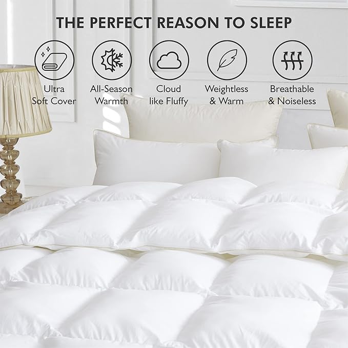 Luxurious White Solid Medium Weight, King Size Goose Feathers Down Comforter for All-Season Weather Duvet Insert, Premium Baffle Box, 100% Egyptian Cotton Cover, 65 oz. Fill Weight