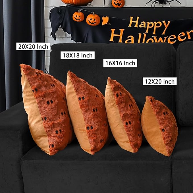 4TH Emotion Halloween Ghost Decorative Pillow Covers 18x18 Set of 2, Rust Red Soft Plush Faux Fur Farmhouse Throw Cushion Cases for Fall Autumn Holiday Home Decorations