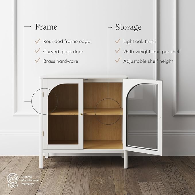 Nathan James Mason Wood Storage Cabinet Accent Sideboard Buffet Credenza TV Stand with Glass Doors and Adjustable Shelf for Dining Room, Entryway or Living Room, Clear Glass/White/Light Oak, Set of 2