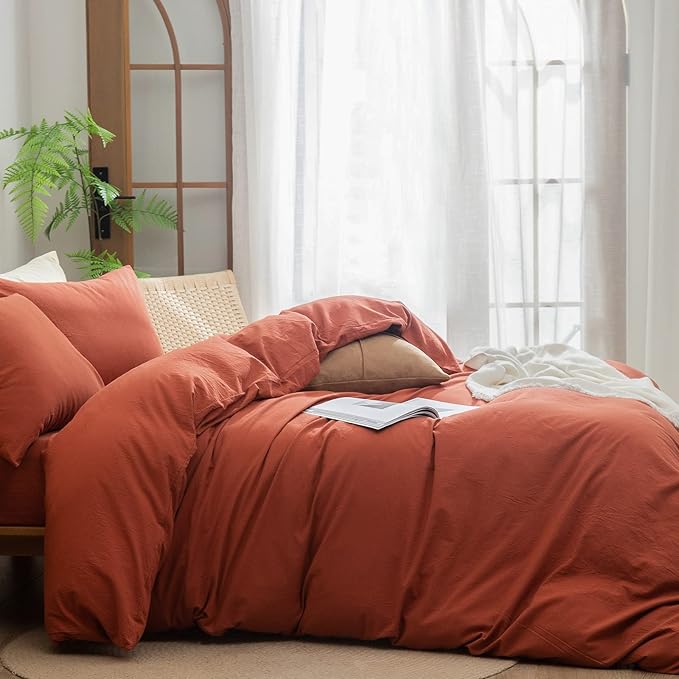 BESTOUCH Duvet Cover Set 100% Washed Cotton Linen Feel Super Soft Comfortable Chic Lightweight 3 PCs Home Bedding Set Solid Burnt Brick Red Queen