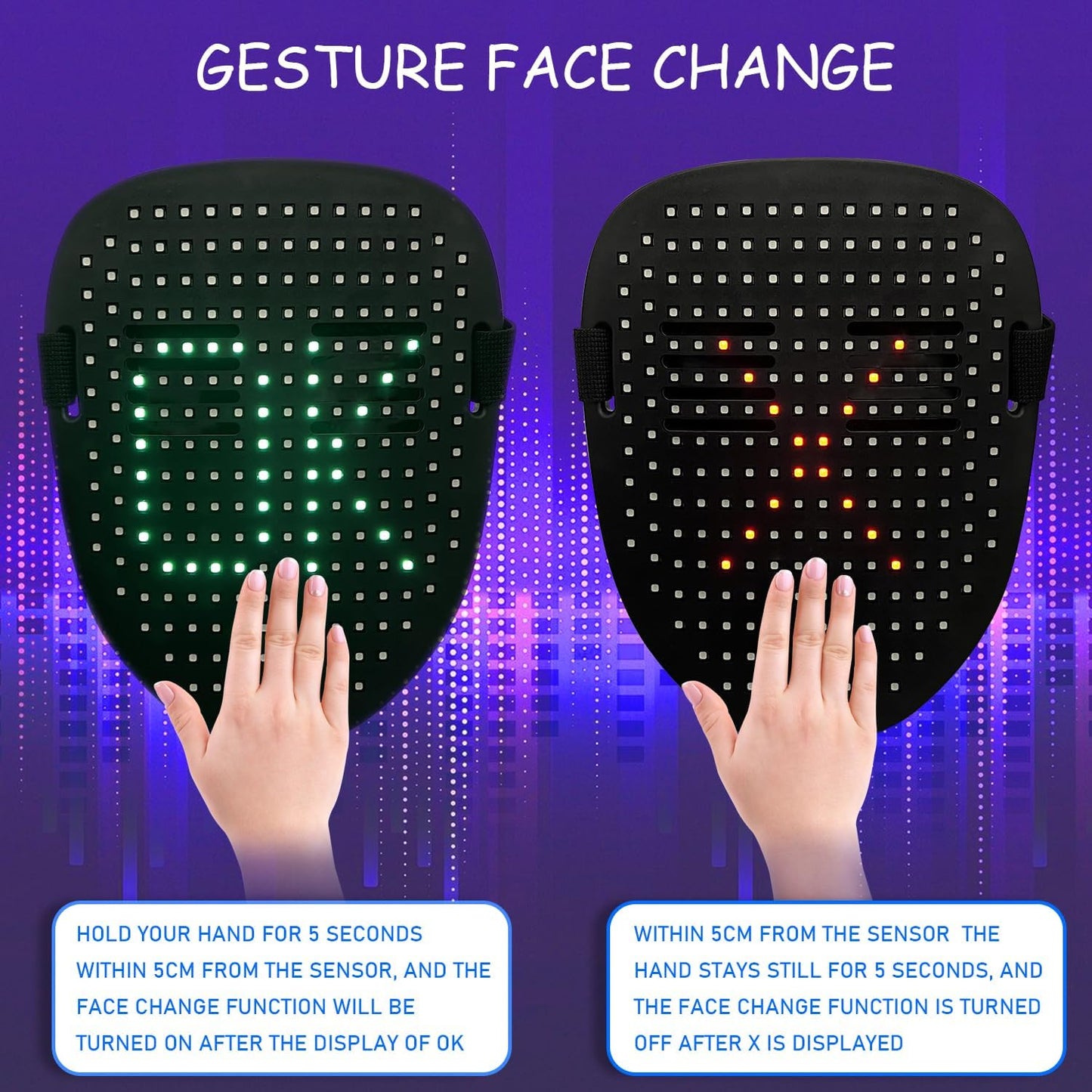 Led Mask with Gesture Sensing, Light up Face Transforming Mask for Halloween Xmas Costume Party