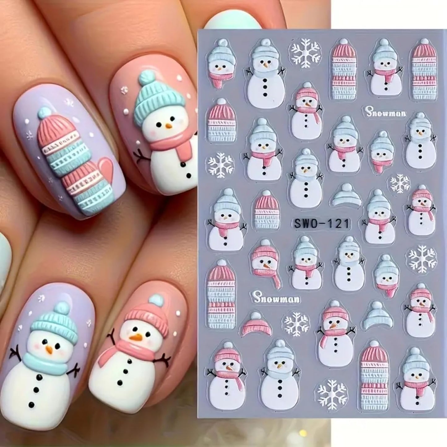 2Pcs Christmas Nail Art Stickers Decals 5D Embossed Winter Nail Decals Snowflake Nail Stickers Pink Blue Hat Scarf Snowman Nail Supplies New Year Winter Nails Supplies for Women Manicure Decoration