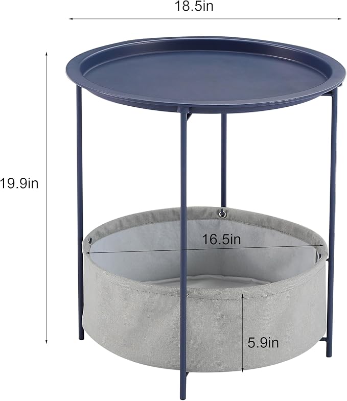 VECELO Round Side/End Table with Fabric Storage Basket，Metal Anti-Rust and Waterproof Small Bedside Nightstand with Removable Tray Top for Living Room，Balcony & Laundry，Blue /2pcs with Basket