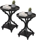 Wnutrees Farmhouse Round Accent End Table, Rustic Side Table Nightstands for Living Room, Wood Tray Top, Handcrafted Finish, Set of 2, Black