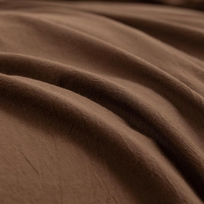 BESTOUCH Duvet Cover Set 100% Washed Cotton Linen Feel Super Soft Comfortable Chic Lightweight 3 PCs Home Bedding Set Solid Cocoa Brown Super King