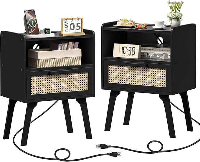 Lerliuo Rattan Nightstands Set of 2 with Charging Station, Black Bedside Table with Drawer Open Shelf, Cane Accent Side End Table with Solid Wood Legs, Night Stand for Bedroom, Dorm and Small Spaces