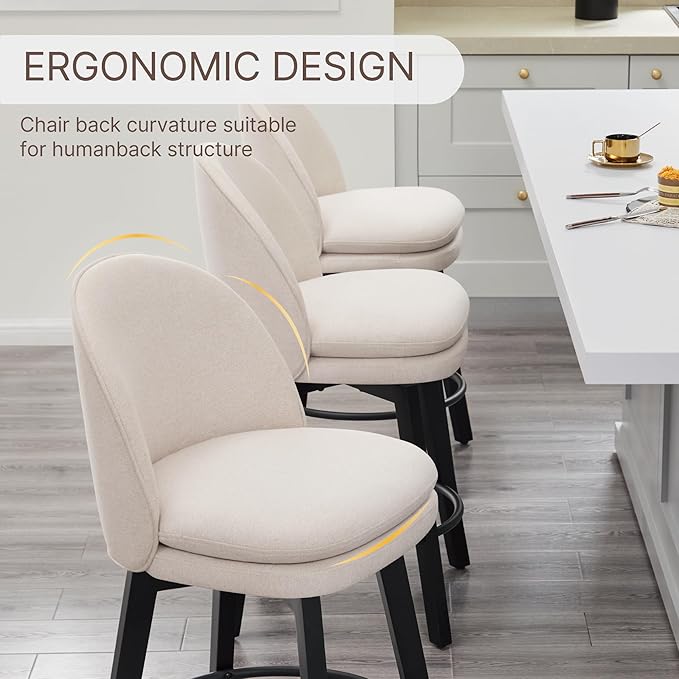 Counter Height Barstools 26 inch Upholstered Swivel Bar Stools with Back and Wood Legs for Kitchen Island,Set of 3,Beige Fabric-Armless
