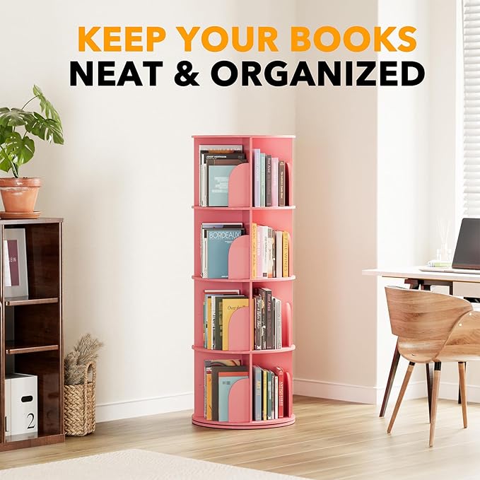 SpaceAid 4 Tier Rotating Bookshelf Tower, Spinning Bookcase Lazy Susan, Revolving 360 Book Shelf Storage Round Carousel, Vertical Rotate Turning Spiral Corner Organizer, Pink