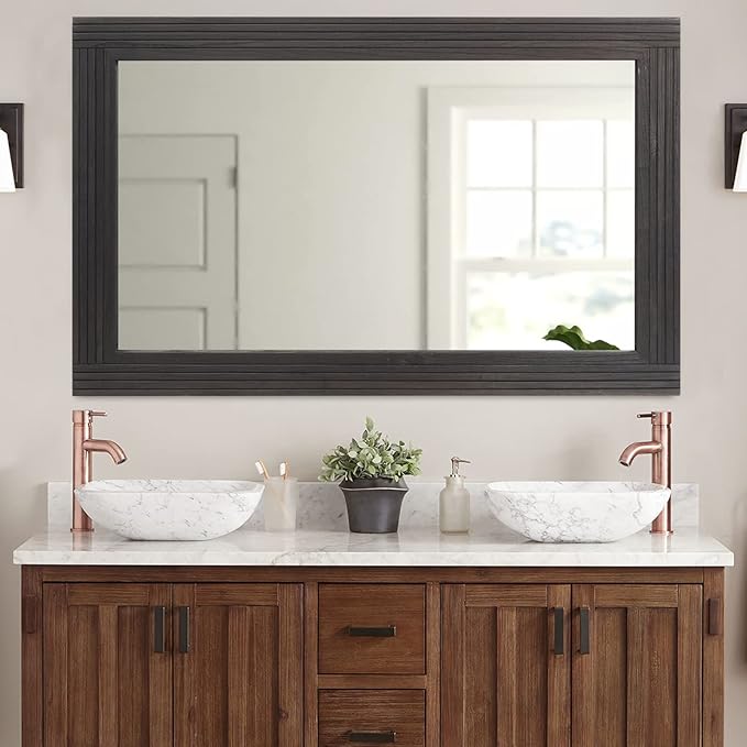 YOSHOOT Hand-Made Wooden Spliced Wall Mirror for Bathroom, Rustic Farmhouse Vanity Mirror, Décor Wall Art, Solid Wood Frame, Vertical or Horizontal Hanging