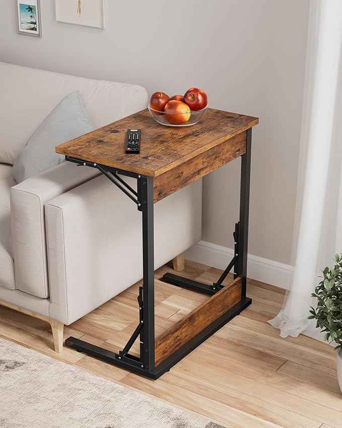 Tatub Folding TV Tray Table, 24" Wide C-Shaped End Table for Couches, Small Sofa-Side Laptop Desk with Metal Frame for Living Room, Bedroom, Rustic Brown