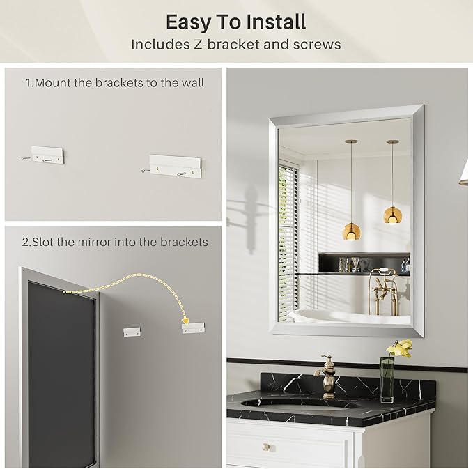36x32 Inch Silver Bathroom Mirror for Wall, Thick Metal Framed Rectangle Mirrors for Over Sink, Bedroom, Living Room, Entryway, Anti-Rust, HD Tempered Glass