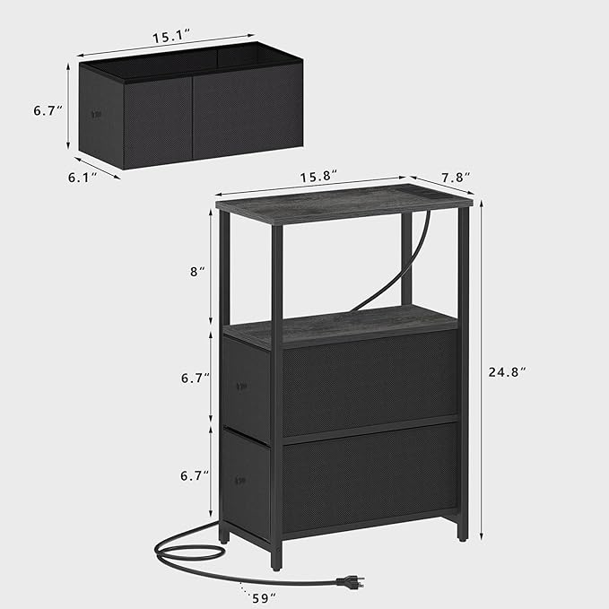 TUTOTAK Small Narrow End Table with Charging Station, Set of 2, Side Table with Outlets, Nightstand with 2 Cloth Drawers, Couch Table, for Living Room, Bedroom, Bedside, Charcoal Grey TB01BY055