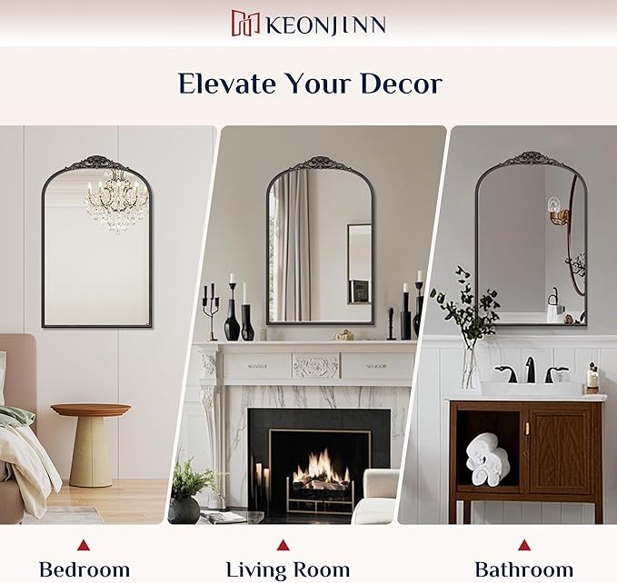 Keonjinn Black Vintage Arched Mirror for Wall, 16" x 24" Antique Mirrors with Metal Frame, Baroque Style Decoration for Mantle, Bathroom, Living Room, Fireplace, Bedroom, French Cleat Mounting