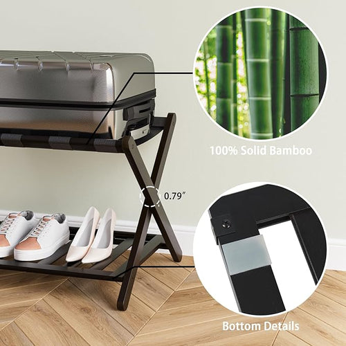 2 Pack Fully Assembled Black Bamboo Luggage Racks with Shoe Shelf, 5 Straps Folding Suitcase Stand, Heavy Duty Luggage Holders for Guest Room, Bedroom, Hotel