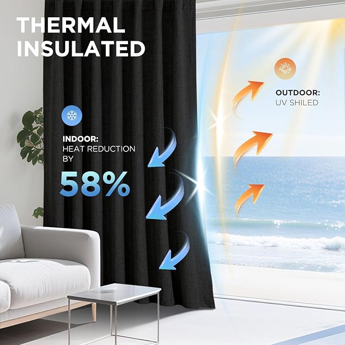Joydeco 100% Blackout Curtains for Bedroom - Natural Linen Curtains 52" W x 108" L Long, Thermal Insulated 2 Panels Black Light Blocking Drapes, Rod Pocket & Back Tabs for Living Room