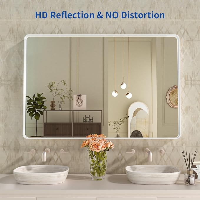 WEER White Bathroom Mirror 48X30 Inch, Rounded Rectangle White Metal Frame Mirror, Matte White Bathroom Vanity Mirror with Tempered Glass, Anti-Rust, Hangs Horizontally or Vertically