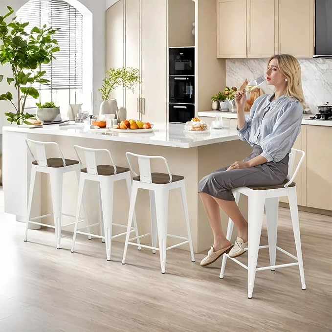 30 Inch Swivel Bar Stools Set of 4, Counter Height Bar Stools with Low Back, Metal Industrial Bar Chairs for Kitchen Island (White)