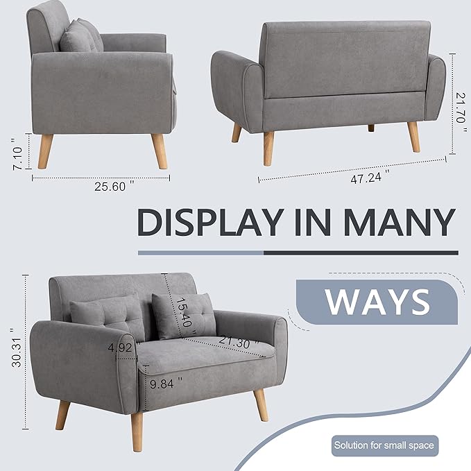 Shintenchi Small Modern Loveseat Couch Sofa, Mid Century Fabric Upholstered 2-Seat Sofa Couch Love Seats Furniture for Small Space,Living Room,Studio,Apartment with 2 Pillows,Light Grey