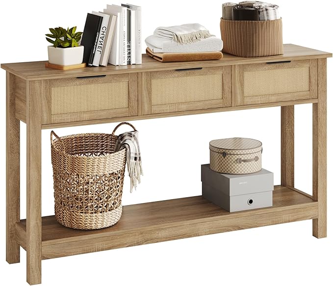 Luoxiao Rattan Console Table Boho Entryway Table with 3 Drawers Storage, Narrow Long Behind Couch Sofa Table for Living Room Side Table Entry Way Table Entrance Hallway Foyer, Natural, 47 Inch