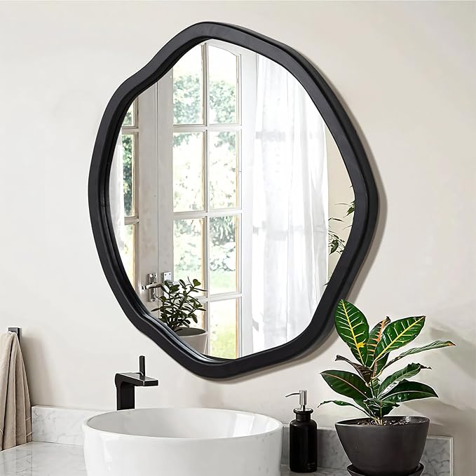 ULIKE Round Wood Mirror, 30 Inch Black Asymmetrical Circle Vanity Mirror with Wood Frame, Modern Decorative Wall Mount for Bathroom Bedroom Living Room Entryway